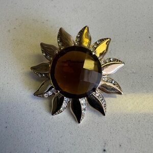 Vintage Monet Gold Sunflower Brooch with Brown and Rhinestone Accents